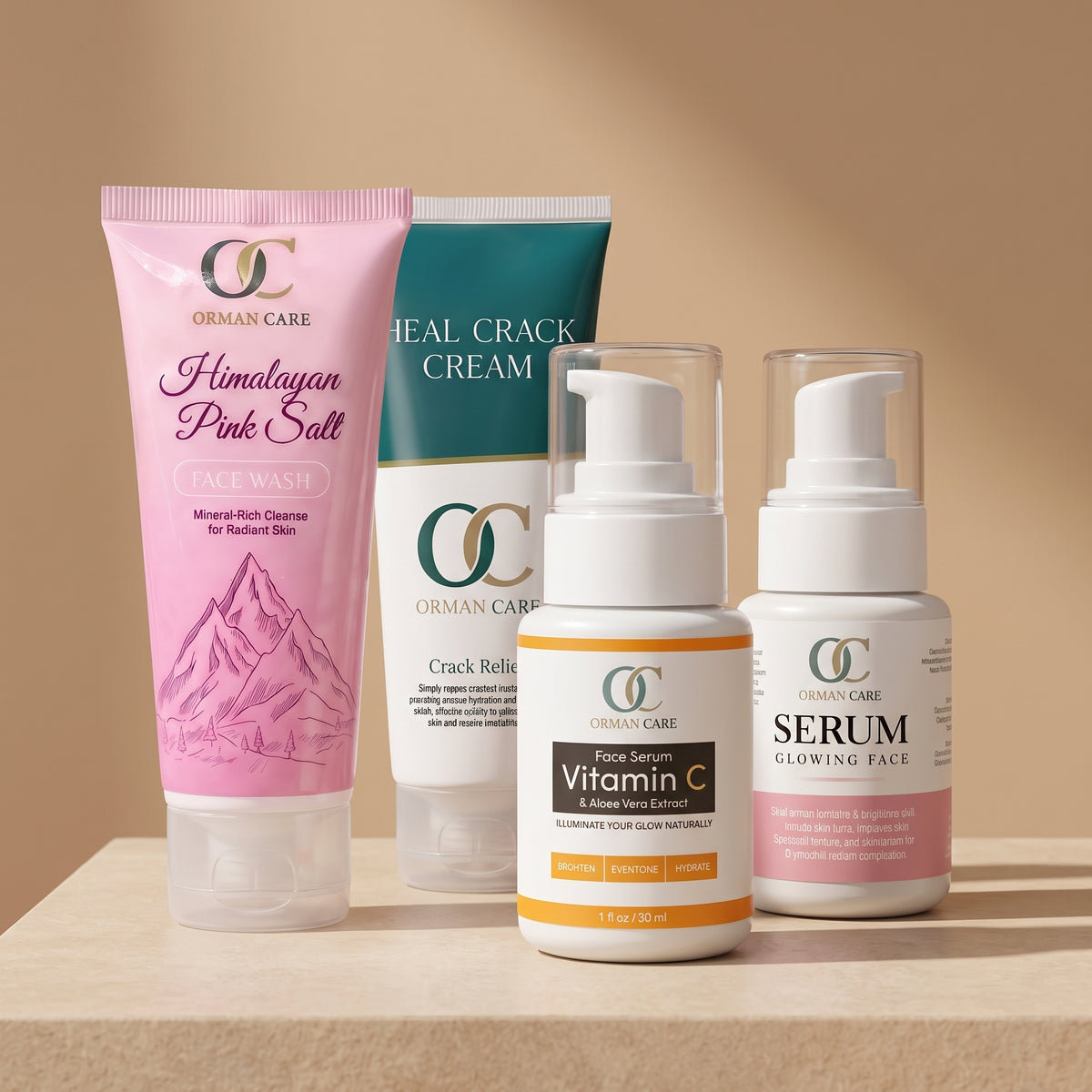 Glowing face serum + Vit C face serum + Himalayan Pink Salt face wash + Heal Crack Cream