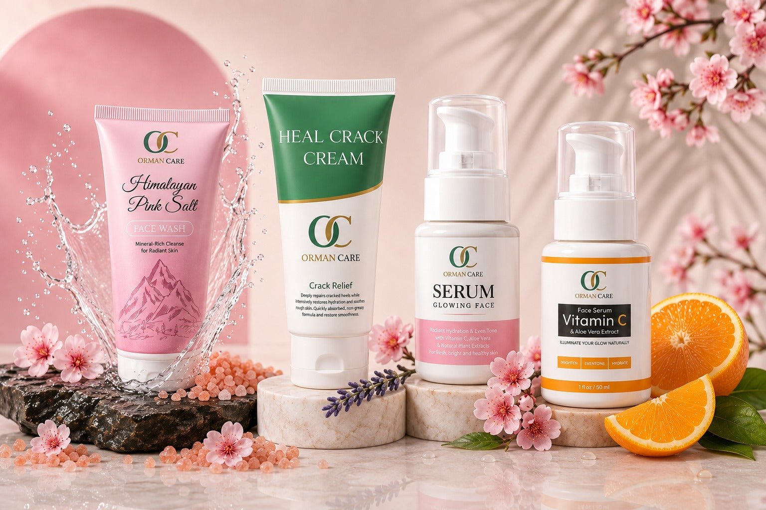Glowing face serum + Vit C face serum + Himalayan Pink Salt face wash + Heal Crack Cream